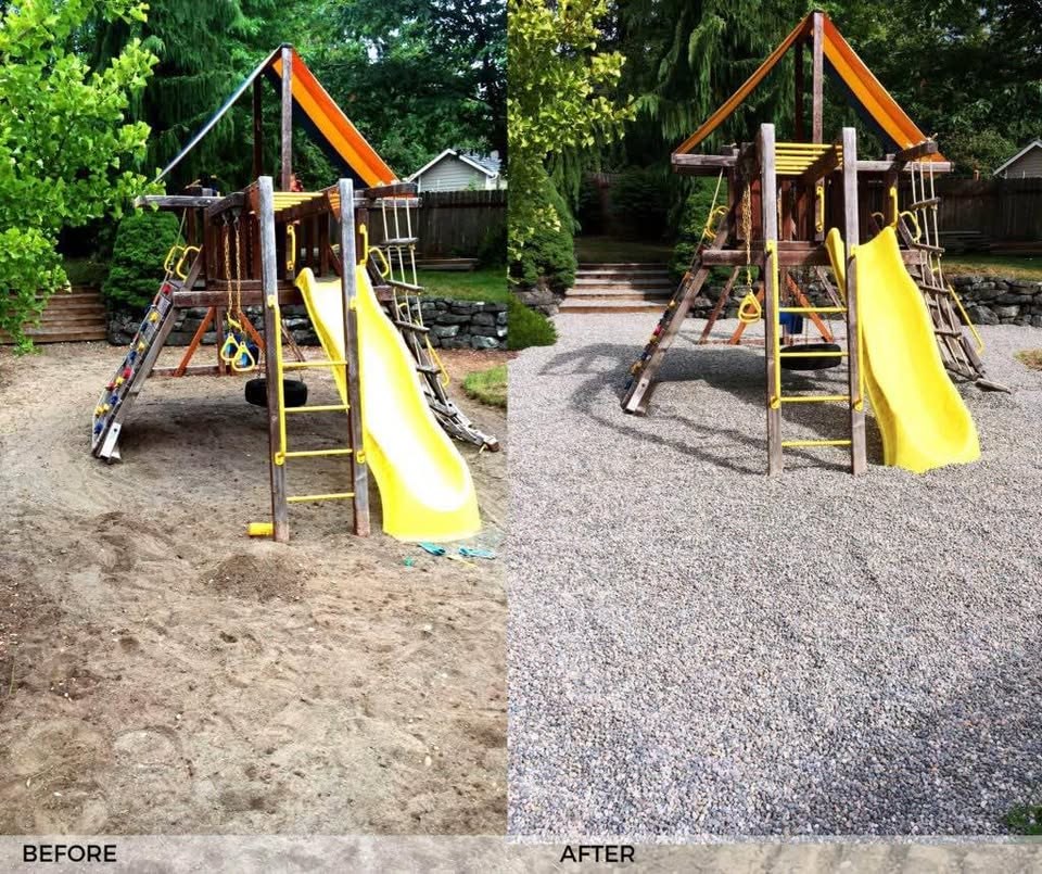 Before and after under a backyard swing set, bare dirt on the left, fresh pea gravel spread level on the right